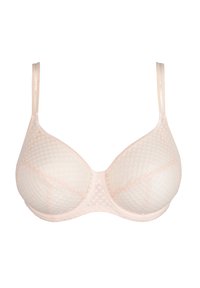 Rintaliivi vaaleanpunaisesta kankaasta, jossa on tekstuuriivinen, hunajakenno-kuvio. Varustettu ohuilla säädettävillä hihnoilla ja tukevalla langalla. Saumaojat ovat näkyvissä.