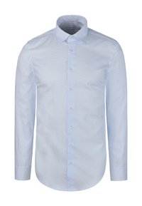 Hellblaues Hemd mit Knopfleiste, dezentem geometrischem Muster, langen Ärmeln und einem weit gespreizten Kragen, gefertigt aus glattem Baumwollstoff.