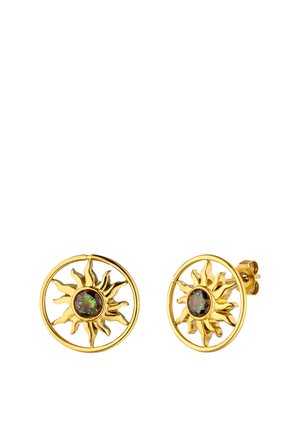 Gold sun-shaped stud earrings with a round iridescent gem center enclosed in a circular frame, displayed against a white background.
