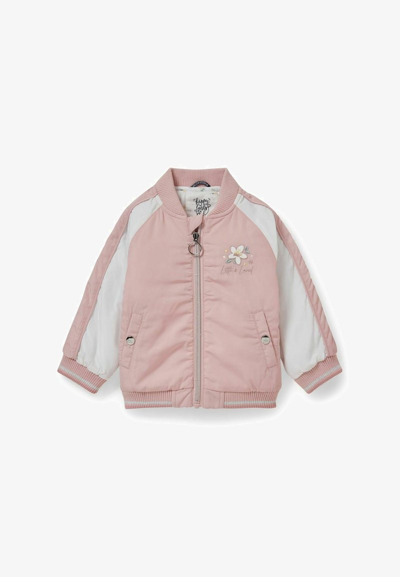 Blouson bombardier pour enfants rose et blanc avec fermeture éclair, poignets côtelés, deux poches frontales et broderie florale sur la poitrine.
