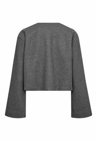 Ciemnoszara, krótka kurtka z długimi rękawami i prostym dekoltem oraz szerokimi rękawami, pokazana od tyłu na białym tle.