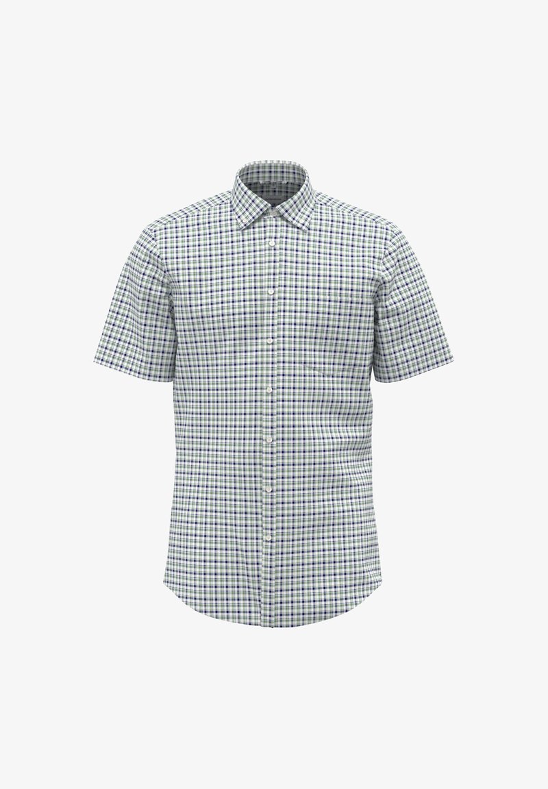 Kurzärmliges Button-up-Hemd mit einem grün-blauen Karomuster, aus Baumwolle, mit einem spitzen Kragen und einer einzelnen Brusttasche.
