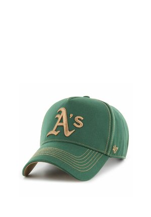 Green baseball cap with tan embroidered "A's" logo on front and "47" logo on side, featuring tan stitching on the brim.