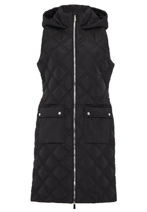 Gilet sans manches matelassé noir avec capuche, fermeture éclair sur le devant et deux poches à bouton-pression. Présente un motif en losange et une texture lisse.