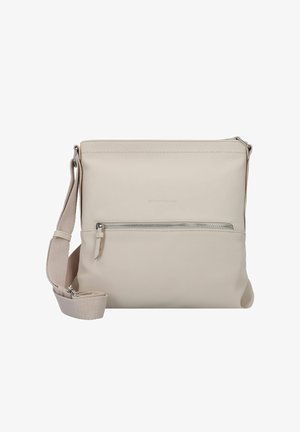 Sac bandoulière beige en matériau synthétique. Il dispose d'une poche zippée à l'avant et d'une bandoulière réglable. Texture lisse et design minimaliste.