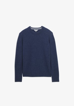 Maglione a maniche lunghe blu navy con collo a giro e polsini e orlo a coste, etichetta di taglia media visibile all'interno del colletto.
