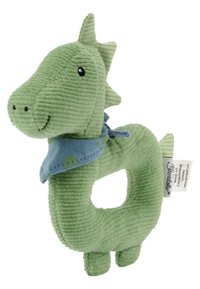 Green dragon-shaped plush toy with corduroy texture and a blue bandana featuring small green patterns. Hollow center for gripping.