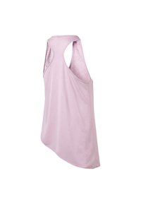 Light pink sleeveless top with a relaxed fit, featuring a curved hem and racerback design, made from soft, lightweight fabric.