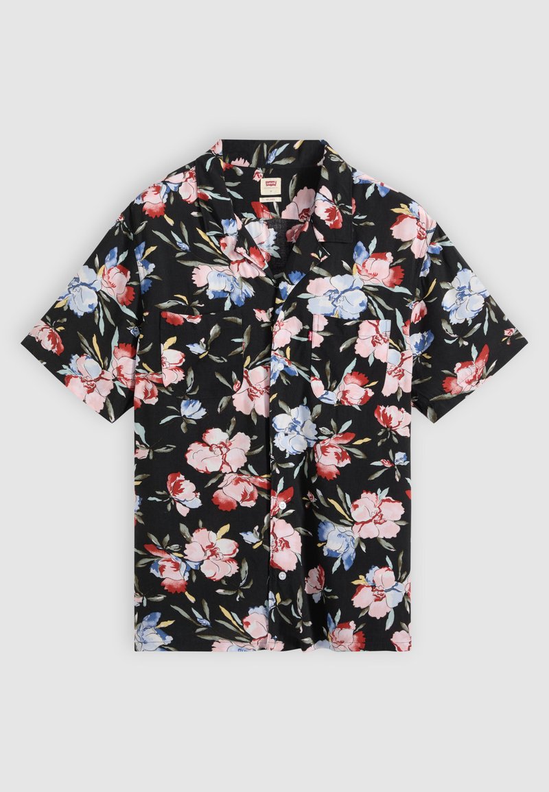 Sort kortærmet skjorte med knapper med pink, rød og blå blomsterprint og en brystlomme.