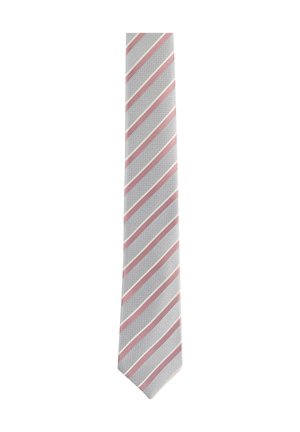 Cravate gris clair avec des rayures diagonales roses et blanches, montrant un motif tissé texturé.