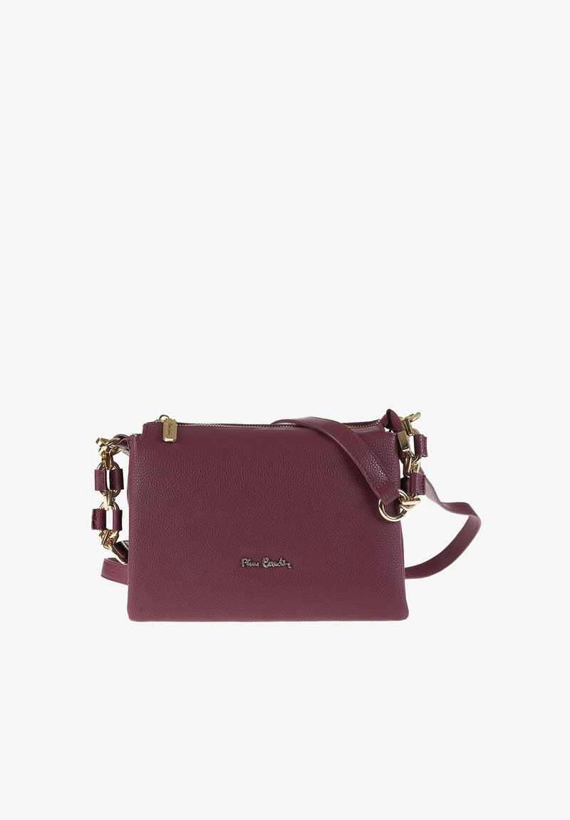 Borsa a tracolla in pelle viola intenso con dettagli in catena dorata e tracolla regolabile, dotata di una cerniera superiore e piccolo logo del marchio sul fronte.