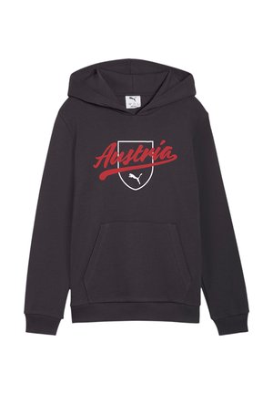 Sort hættetrøje med frontlomme, rød "Østrig" tekst over hvidt skjold og Puma-logo centreret på brystet.