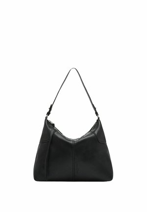 Bolso de cuero negro para el hombro con una sola correa ajustable y un diseño minimalista, mostrado sobre un fondo blanco liso.