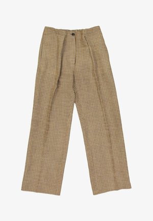 Pantalon large à carreaux couleur fauve avec plis devant et fermeture par un bouton noir unique à la taille.