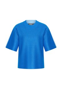 T-shirt a maniche corte e scollo rotondo di un blu brillante, realizzato in tessuto lucido con una texture liscia, con accenti di blu chiaro a contrasto sui lati.