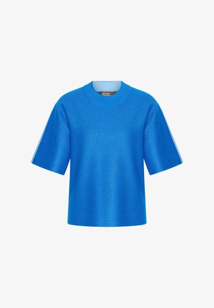 Krótki rękawek, okrągły dekolt T-shirt w jasnym niebieskim kolorze, wykonany z błyszczącego materiału o gładkiej fakturze, z kontrastującymi jasnoniebieskimi akcentami po bokach.