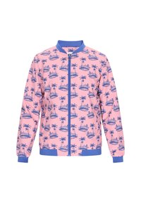 Giacca bomber rosa con stampa di palme e isola in blu. Polsini e colletto a costine, con zip frontale e texture di tessuto morbido.