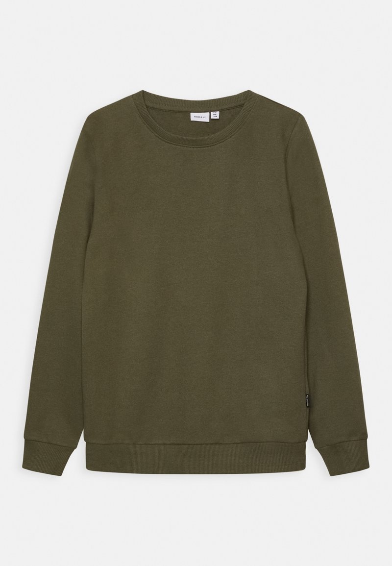 Sweat-shirt vert olive à col rond avec manches longues, poignets et ourlet côtelés, posé à plat sur un fond blanc.