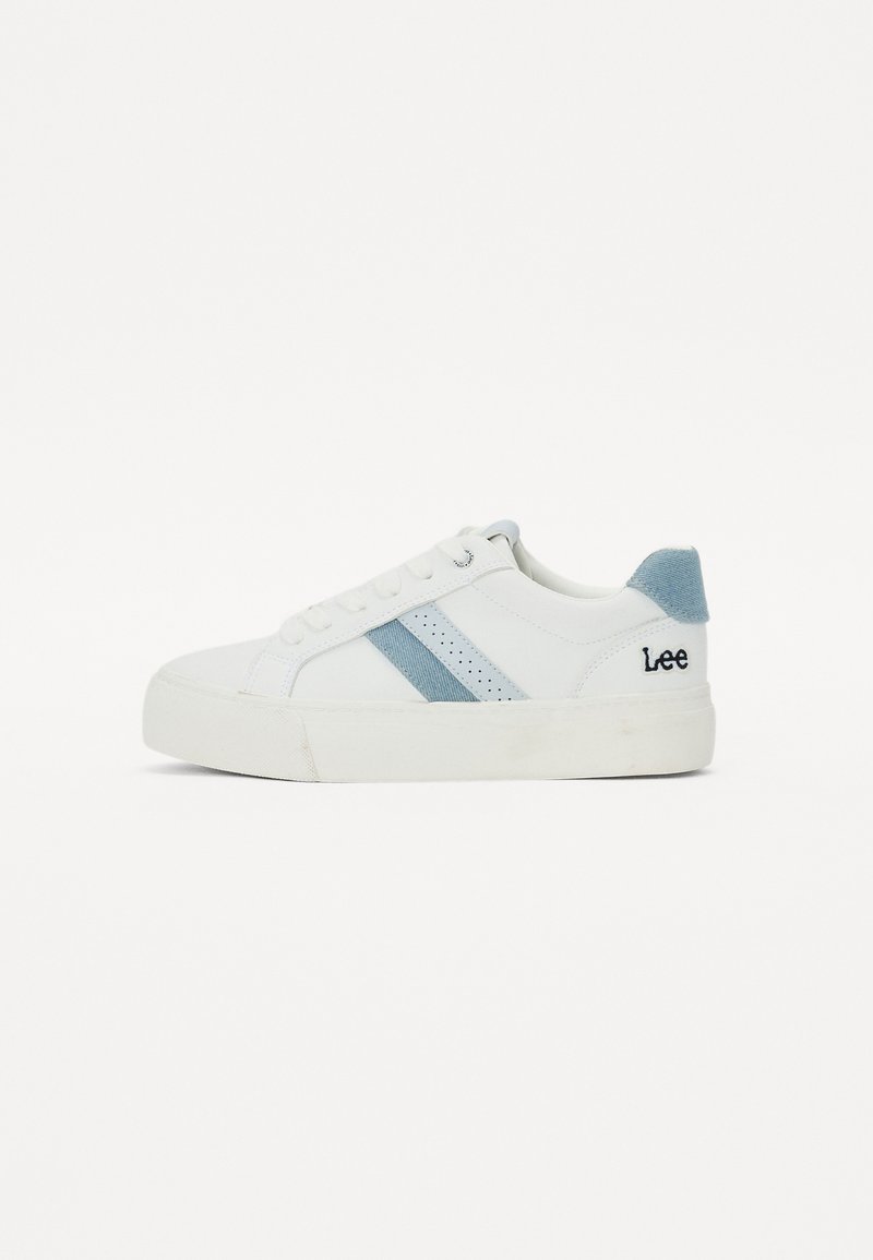 Zapatilla de lienzo blanca con acentos azul claro y franja lateral, punta redondeada y detalle texturizado en el talón. Presenta perforaciones para la transpirabilidad.