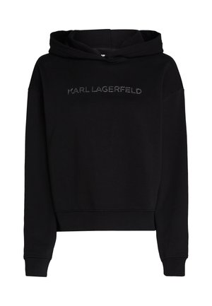 Felpa nera realizzata in morbido tessuto, con una vestibilità comoda, cappuccio con coulisse regolabile e la scritta "KARL LAGERFELD" in lettere luccicanti sul petto.