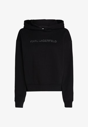 Sudadera negra de tela suave, con un corte relajado, capucha ajustable con cordón y "KARL LAGERFELD" en letras brillantes en el pecho.