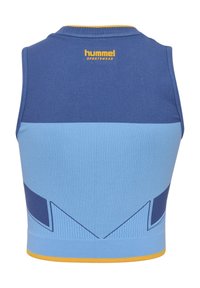 Bezramienna sportowa koszulka w odcieniach niebieskiego z teksturowanym wzorem. Posiada żółty akcent przy dekolcie oraz kontrastujące detale wzoru.