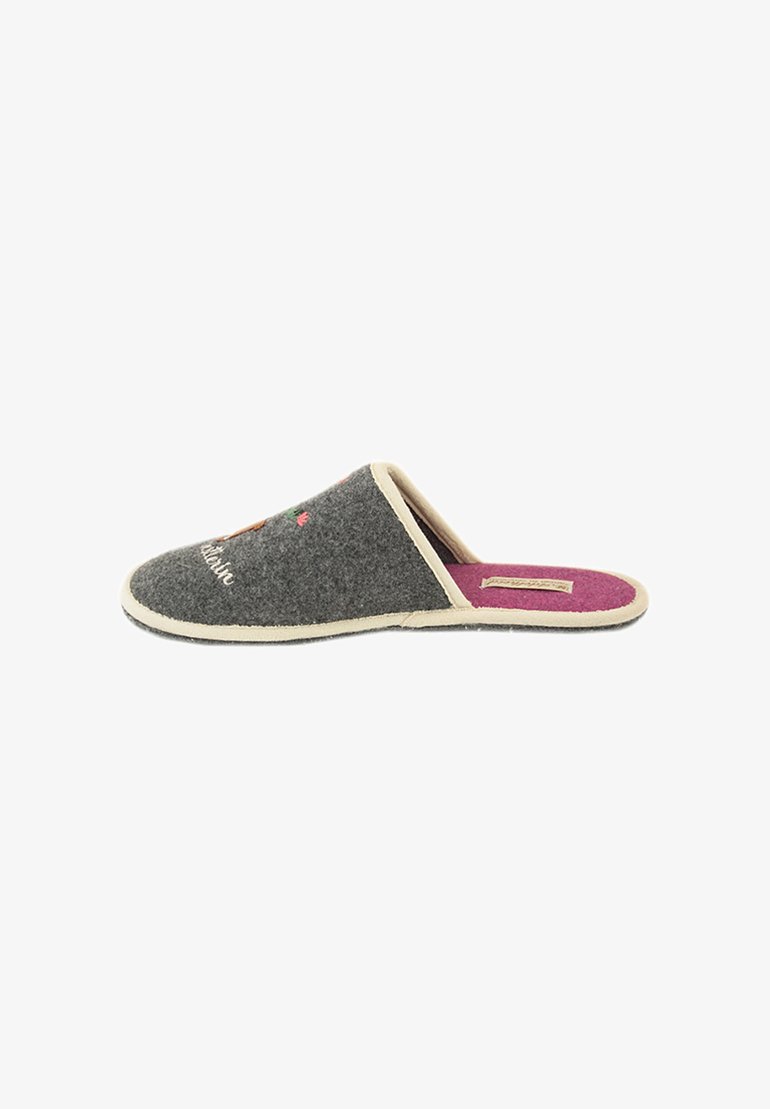 Gray felt slipper with a cream-colored edge and pink insole. Features embroidered floral details on the upper side, closed back design.