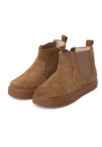 Rudos zomšiniai aulinukai iki kulkšnies su elastiniais šonų elementais ir traukimo juostelėmis, su tekstūruotu guminiu padu ir minimaliais siuvinėjimo akcentais.