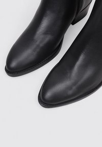 Black leather ankle boots featuring a pointed toe, a smooth texture, a subtle shine, and a low stacked heel. Zipper closure on the side.