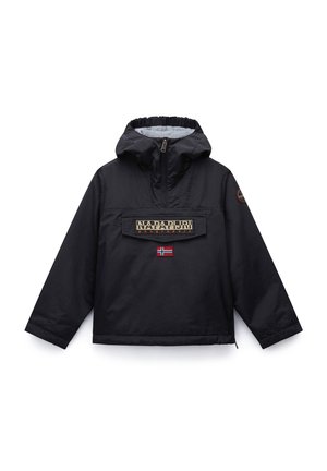 Black anorak jacket with a hood, featuring a front pocket, embroidered logo, and a small Norwegian flag. Soft interior lining, zip closure.