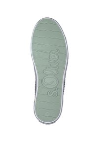 Grey rubber shoe sole with a textured pattern and "S. Oliver" branding. Features a green accent and a white edge.