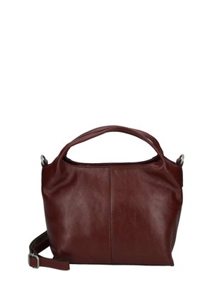 Sac à main en cuir marron foncé avec des poignées courtes et une bandoulière réglable, présenté sur fond blanc.