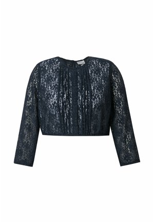 Korkeavyöhykkeinen tummansininen pitsinen cropped-toppi, jossa on pitkät hihat, pleatattu etuosa ja pyöreä pääntie. Pehmeä, teksturoitu kangas, jossa on monimutkainen pitsikuvio.