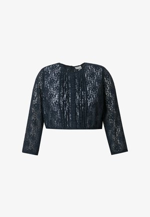 Top corto in pizzo blu navy con maniche lunghe, caratterizzato da un davanti plissettato e scollatura rotonda. Tessuto morbido e testurizzato con un intricato motivo in pizzo.