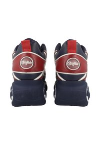 Buffalo sneakers featuring a navy blue upper, red accents, and white detailing. Thick rubber sole with textured grip, featuring a rear pull tab.