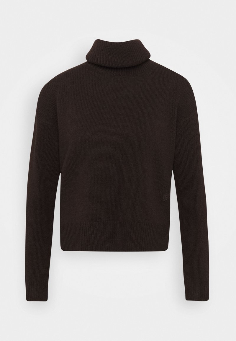 Brauner Strickpullover mit Rollkragen, langen Ärmeln, gerippten Bündchen und Saum, mit einem leicht verkürzten Design. Weiche Textur, minimale Markenkennzeichnung.