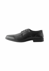 Zwarte leren nette schoenen met een ronde neus, een gladde textuur, vetersysteem en een lage hak. Kenmerkt zich door gestikte accenten langs de zijkanten.