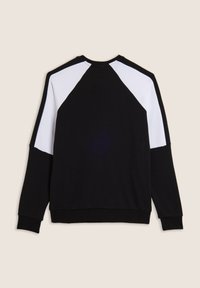 Felpa nera con maniche raglan bianche; realizzata in tessuto morbido, presenta un collo tondo, polsini e orlo a coste. Tessuto liscio, senza fantasie.
