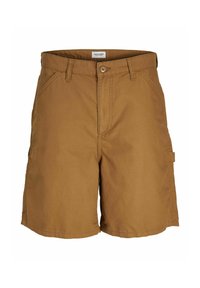 Pantaloni scurți din bumbac maro, cu croială dreptă, având buzunare laterale și un buzunar tip cargo, completati cu cusături rezistente și închidere cu nasture.