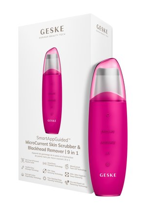 Exfoliateur cutané à microcourant Geske rose vif avec capuchon transparent, étiqueté exfolier, hydrater, lifter, présenté à côté de sa boîte de produit blanche.