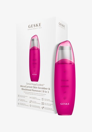 Exfoliateur cutané à microcourant Geske rose vif avec capuchon transparent, étiqueté exfolier, hydrater, lifter, présenté à côté de sa boîte de produit blanche.