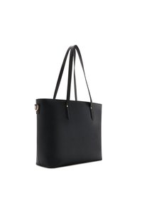 Zwarte totebag van glad leer met twee stevige handvatten, minimalistisch ontwerp, goudkleurige accenten en subtiele gegraveerde logo-details.