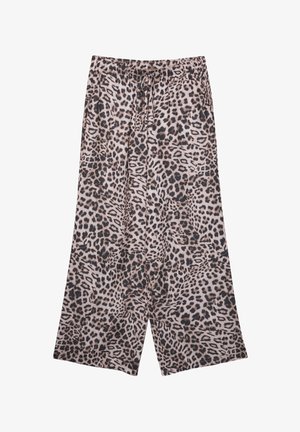 Hlače širokega kroja z leopardjim vzorcem iz mehkega materiala, ki imajo elastičen pas z vrvicami. Barvna paleta vključuje bež, rjave in črne vzorce.