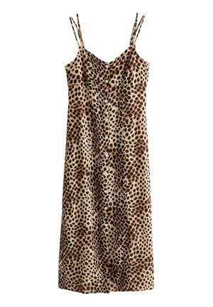 Bezrukávové midi šaty s leopardím vzorom, tenkými dvojitými ramienkami a predným zapínaním na gombíky.
