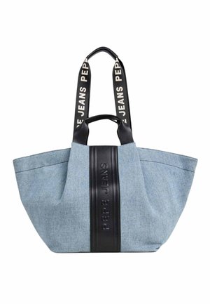 Borsa tote in denim azzurro chiaro con fascia verticale nera e manici, con il marchio "PEPE JEANS" sulla fascia e sulle tracolle.