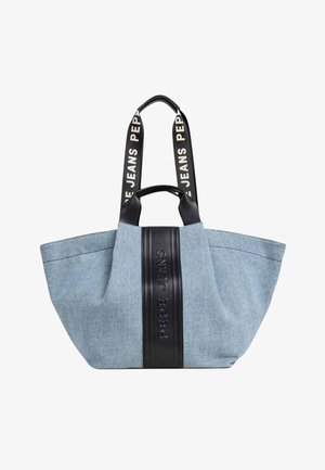 Borsa tote in denim azzurro chiaro con fascia verticale nera e manici, con il marchio "PEPE JEANS" sulla fascia e sulle tracolle.