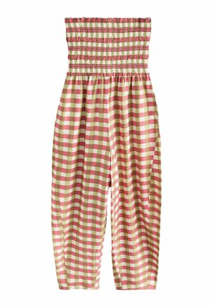 Trägerloser Jumpsuit mit rosa-beigem Vichy-Karosmuster, ausgestattet mit einem gerafften, elastischen Oberteil und locker geschnittenen, zulaufenden Beinen.