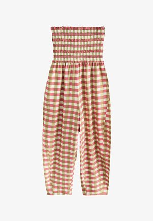 Stropløs jumpsuit med pink og beige gingham-mønster, med en rynket elastisk overdel og løstsiddende, tilspidsede ben.