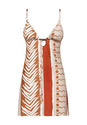 Vestito estivo senza maniche con spalline sottili, motivo astratto a zigzag marrone e beige, righe a puntini e un nodo frontale sotto un piccolo taglio sul petto.