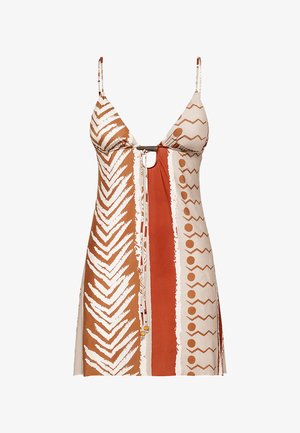 Vestito estivo senza maniche con spalline sottili, motivo astratto a zigzag marrone e beige, righe a puntini e un nodo frontale sotto un piccolo taglio sul petto.